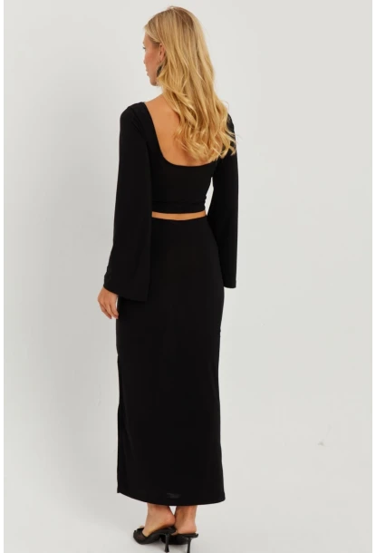 Kadın Siyah Halka Detaylı Sırtı Açık Etek Takım HO051