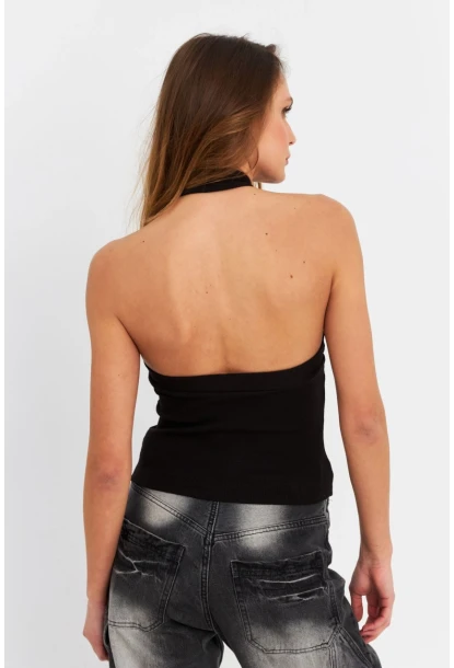 Kadın Siyah Halkalı Crop Bluz B2634