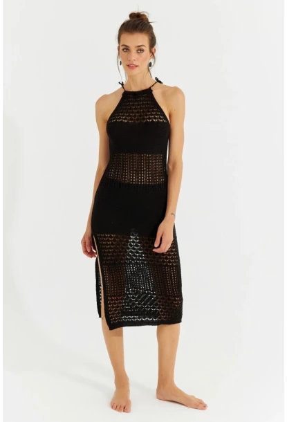 Kadın Siyah Halter Yaka Ajurlu Midi Elbise SF2506