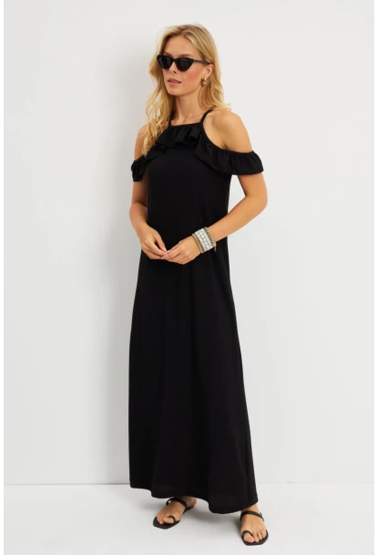 Kadın Siyah Halter Yaka Bürümcük Midi Elbise EY2789