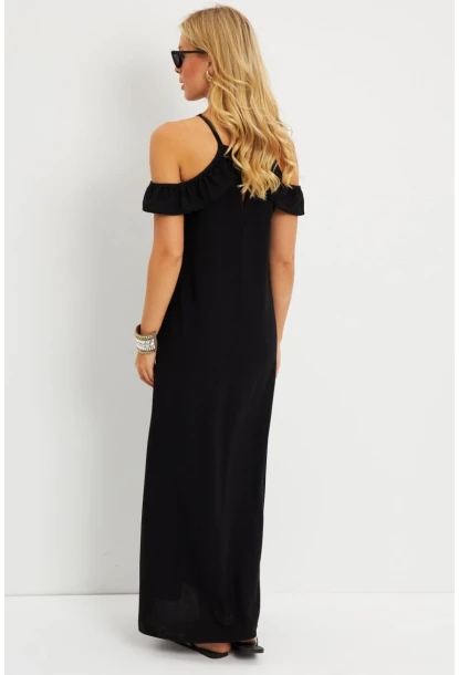 Kadın Siyah Halter Yaka Bürümcük Midi Elbise EY2789