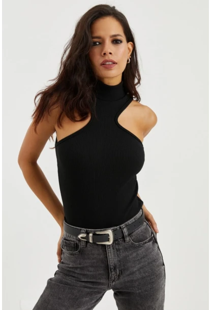 Kadın Siyah Halter Yaka Kaşkorse Bluz EY1454