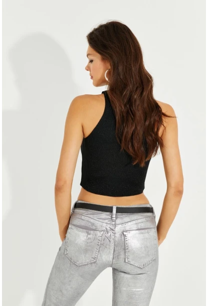 Kadın Siyah Halter Yaka Simli Crop Bluz KZ2202