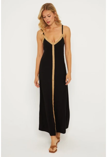 Kadın Siyah Hasır Detaylı Bürümcük Midi Elbise EY2839