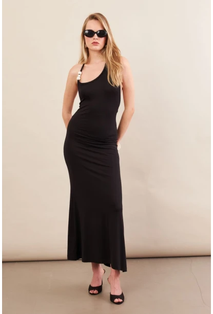 Kadın Siyah İnci Aksesuarlı Maxi Elbise EY3105