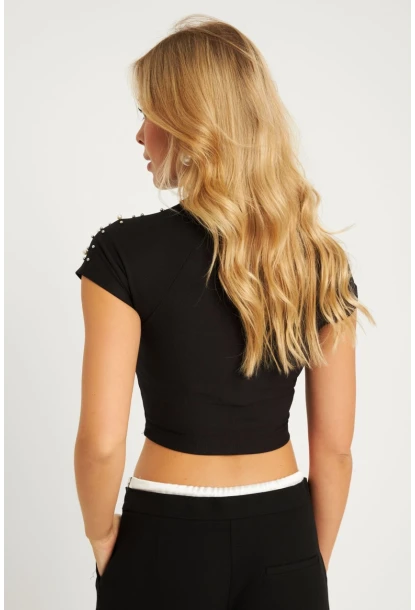 Kadın Siyah İncili Kısa Bluz HOL2112