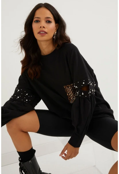 Kadın Siyah İncili Kol Detaylı Sweatshirt PKA400