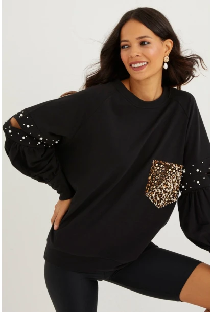 Kadın Siyah İncili Kol Detaylı Sweatshirt PKA400