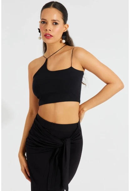 Kadın Siyah İp Askılı Crop Bluz B2594