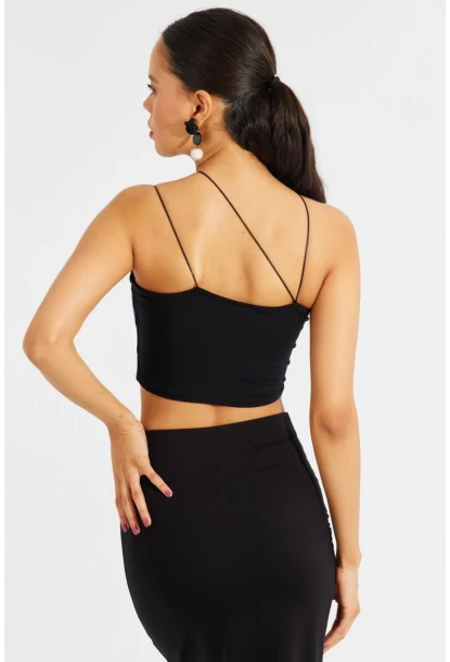Kadın Siyah İp Askılı Crop Bluz B2594