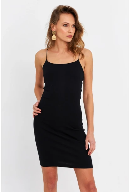 Kadın Siyah İp Askılı Kaşkorse Midi Elbise RSP248