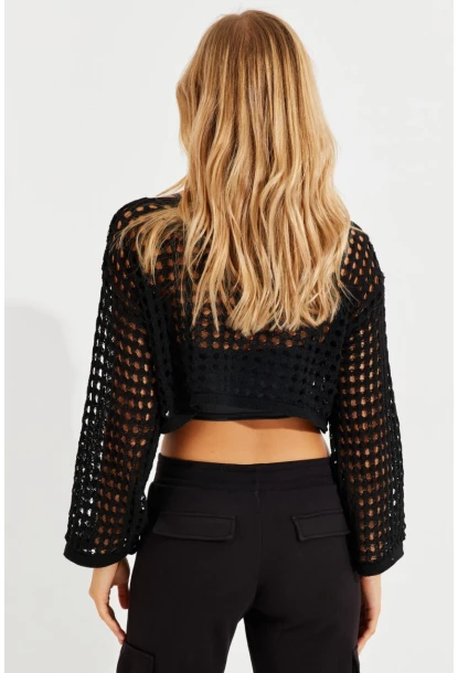 Kadın Siyah İspanyol Kol Ajurlu Triko Bluz YV203