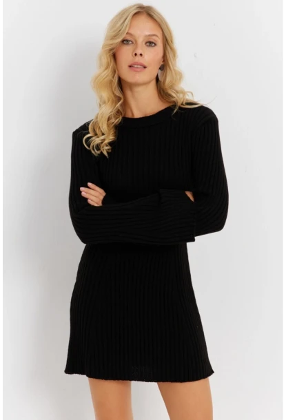 Kadın Siyah İspanyol Kol Triko Mini Elbise YV273