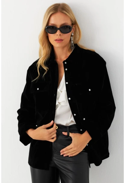 Kadın Siyah Kadife Gömlek CAR1074