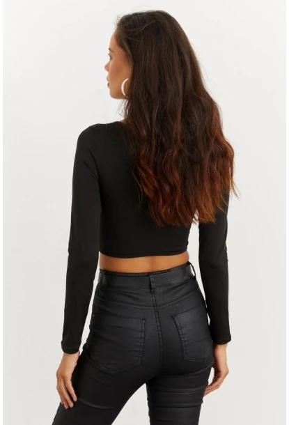 Kadın Siyah Kalp Yaka Crop Bluz CG260