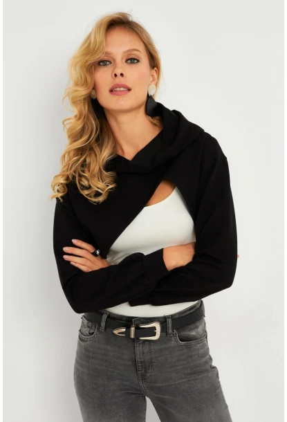 Kadın Siyah Kapüşonlu Crop Sweatshirt  TF03