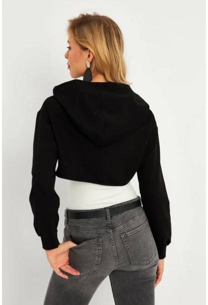 Kadın Siyah Kapüşonlu Crop Sweatshirt  TF03