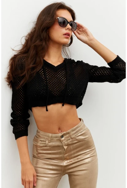 Kadın Siyah Kapüşonlu File Kısa Bluz YV153