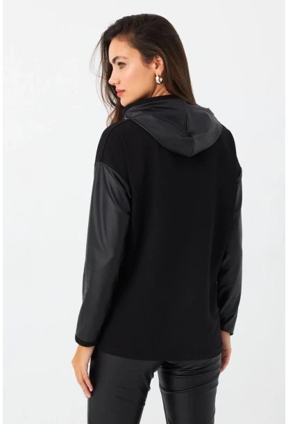Kadın Siyah Kapüşonlu Sıvama Detaylı Sweatshirt TF37