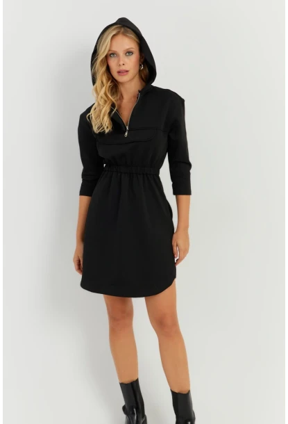 Kadın Siyah Kapüşonlu Skuba Mini  Elbise KED4104