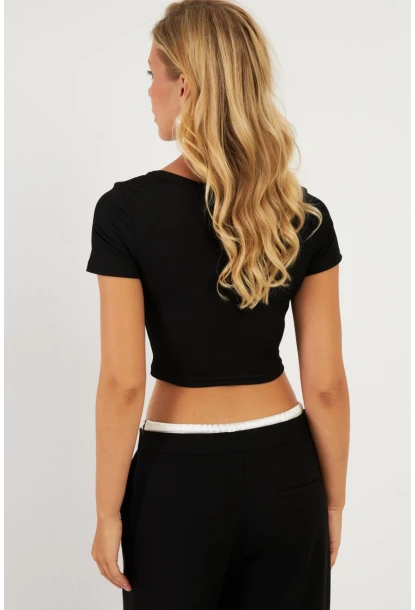 Kadın Siyah Kare Yaka Crop Bluz CG360