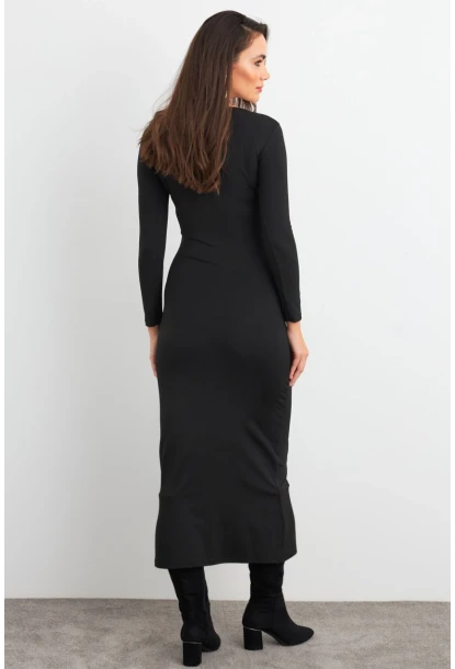 Kadın Siyah Kare Yaka Midi Elbise XC8102