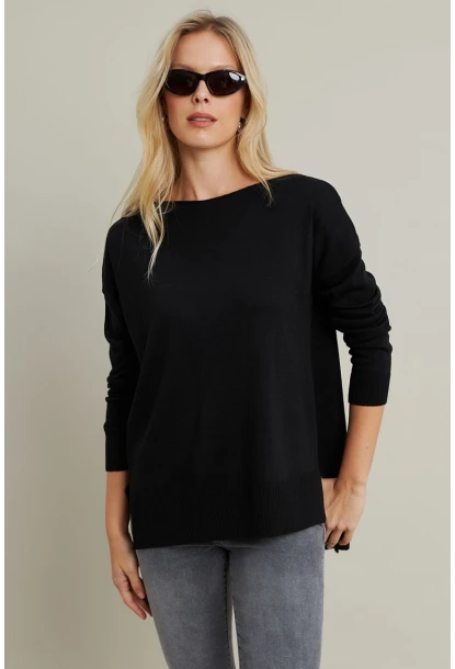 Kadın Siyah Kayık Yaka Triko Bluz MYİL561