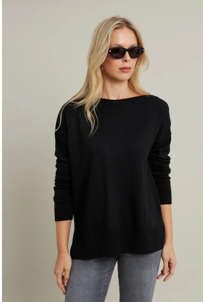 Kadın Siyah Kayık Yaka Triko Bluz YİL561