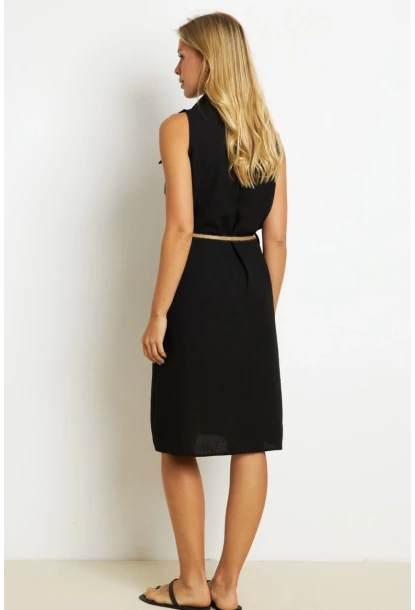 Kadın Siyah Kemerli Gömlek Midi Elbise SGT404