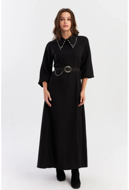 Kadın Siyah Kemerli İncili Maxi Elbise ALZ341