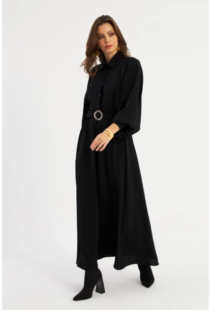 Kadın Siyah Kemerli Maxi Elbise MASF15