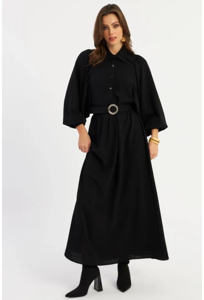 Kadın Siyah Kemerli Maxi Elbise MASF15