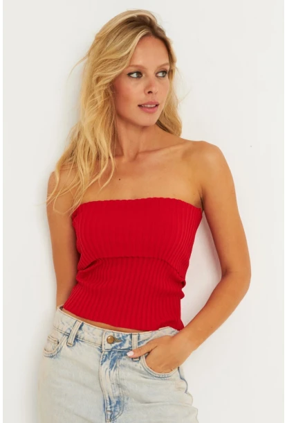 Kadın Siyah-Kırmızı İkili Straplez Triko Bluz YV272