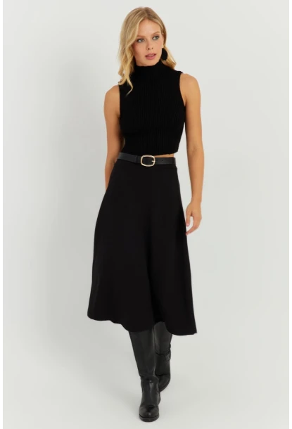 Kadın Siyah Kloş Midi Etek LV173