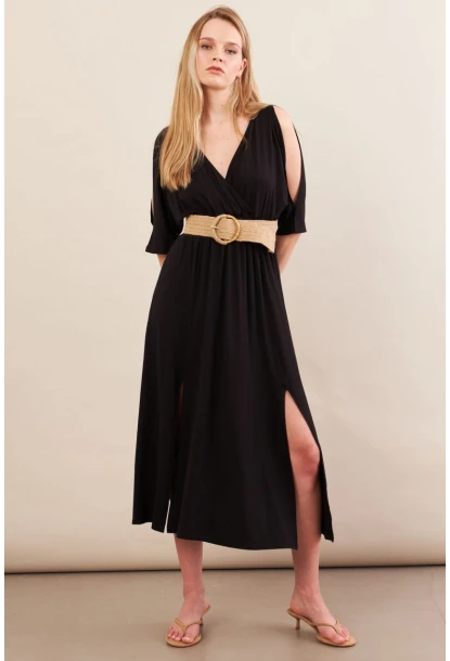 Kadın Siyah Kol Pencereli Midi Elbise MP500