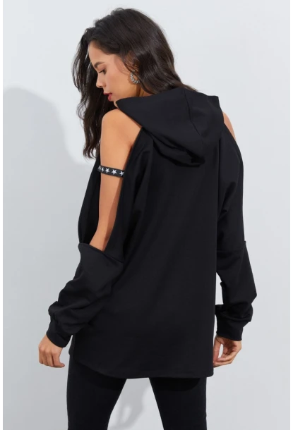 Kadın Siyah Kolları Açık Kapüşonlu Sweatshirt Yİ2356