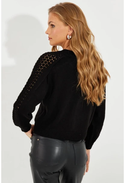 Kadın Siyah Kolları Ajurlu Fermuarlı Triko Ceket KZ2491