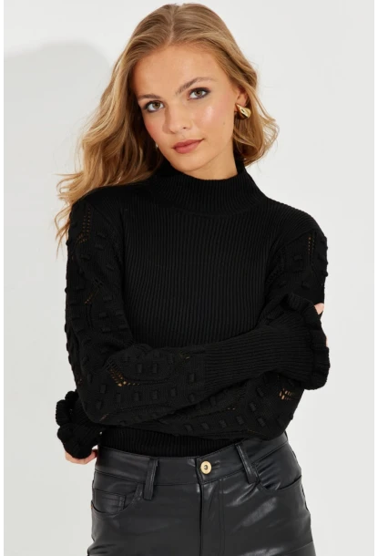 Kadın Siyah Kolları Ajurlu Triko Bluz SMT218