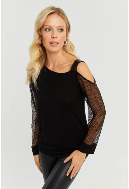 Kadın Siyah Kolları Dantel Bluz ST6022