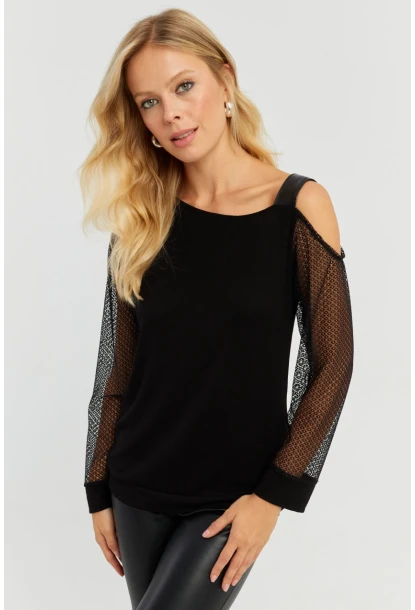 Kadın Siyah Kolları Dantel Bluz ST6022