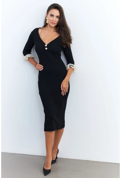 Kadın Siyah Kolları Dantel Detaylı Kaşkorse Midi Elbise EY2955