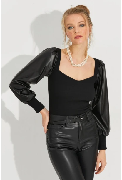 Kadın Siyah Kolları Deri Kaşkorse Bluz Yİ2494