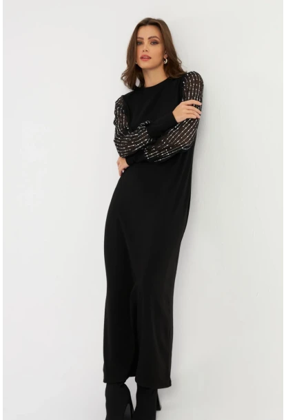 Kadın Siyah Kolları Parlak Tül Detaylı Maxi Elbise MBK56