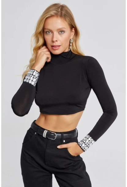 Kadın Siyah Kolları Taşlı Crop Bluz MEN2023