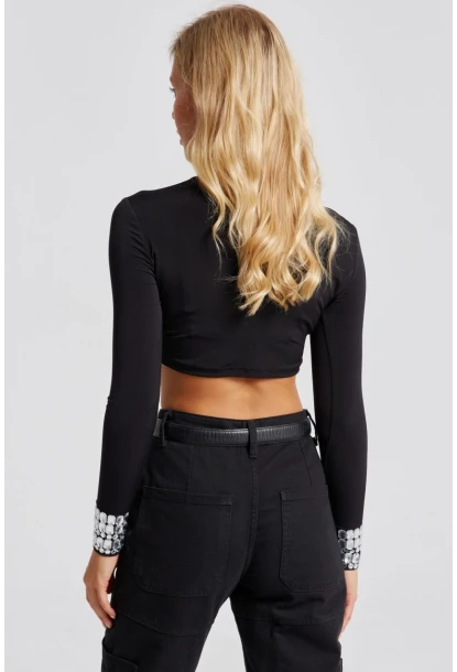 Kadın Siyah Kolları Taşlı Crop Bluz MEN2023