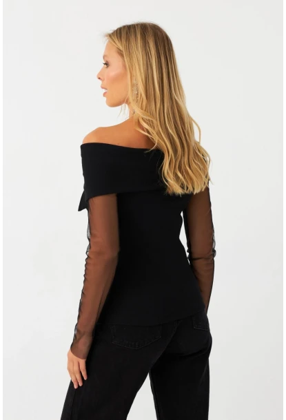 Kadın Siyah Kolları Tül Kaşkorse Bluz EY3001
