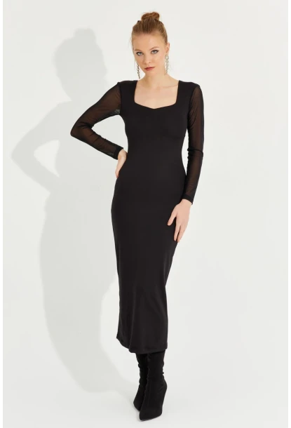 Kadın Siyah Kolları Tül Midi Elbise EY2599