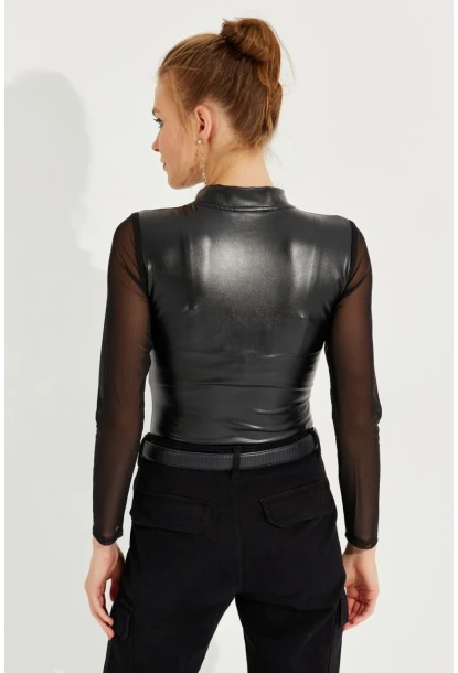 Kadın Siyah Kolları Tül Suni Deri Body NH74