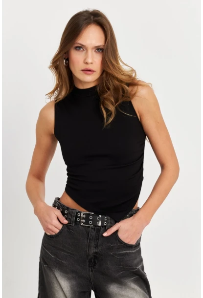 Kadın Siyah Kolsuz Crop Bluz ZH07