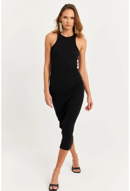 Kadın Siyah Kolsuz Kaşkorse Midi Elbise EY3049